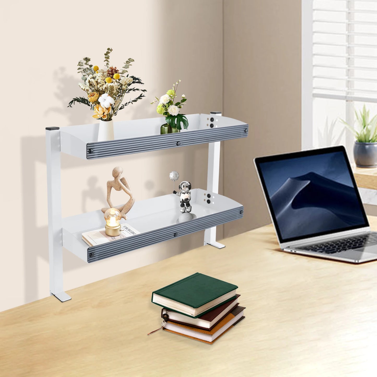 Clamp-on Desk Shelf 2-Tier Metal Organizer Above Under Table Storage