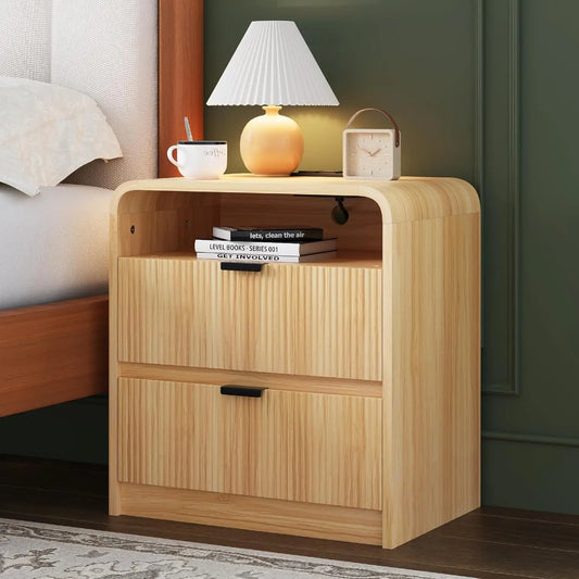 24 Inch Fluted Nightstand with Charging Station and 2 Drawers