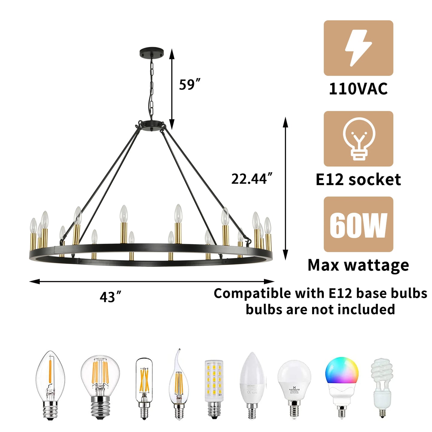 16-Light Wagon Wheel Chandelier Modern Rustic Pendant Light for Home