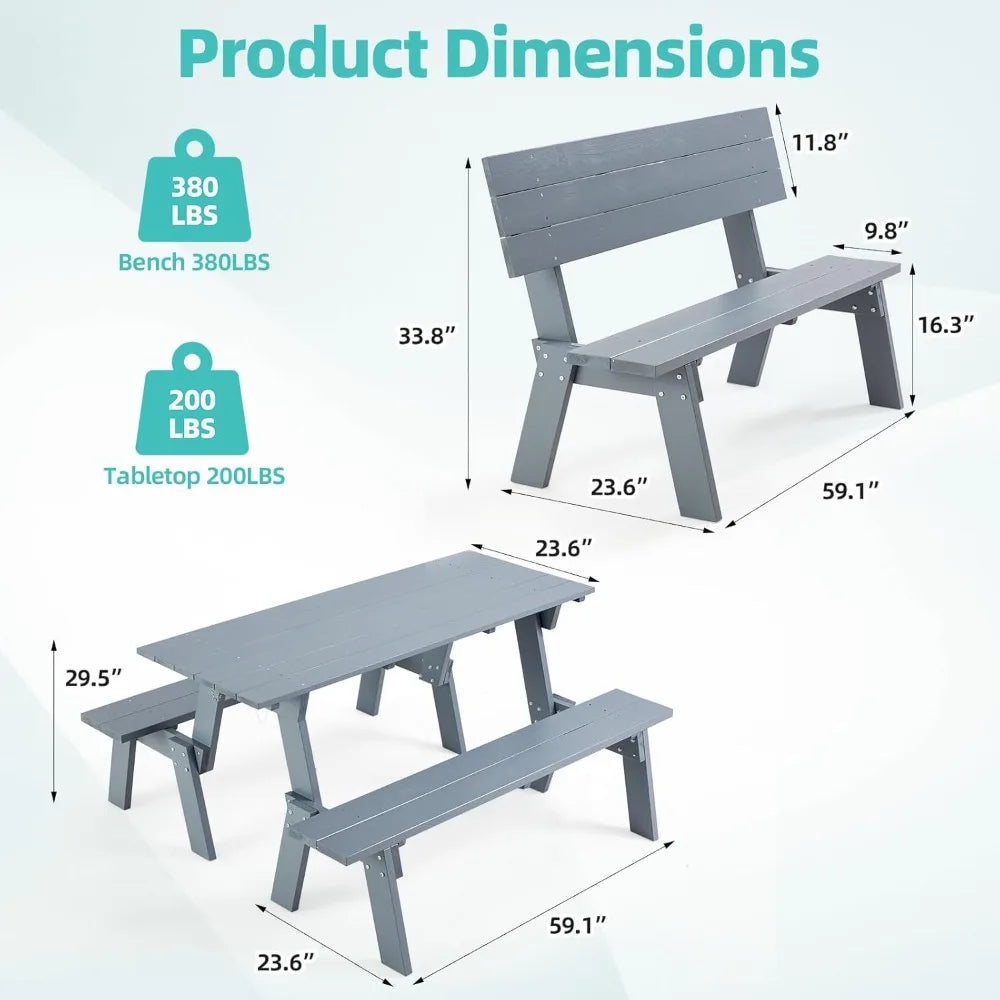 All-Weather Wood Picnic Table Bench Set Convertible Dining Outdoor