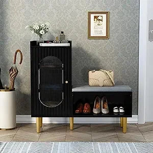 Modern Entryway Storage Bench with Glass Door and Padded Seat