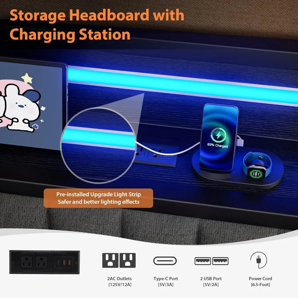 Twin Size Daybed with Trundle LED Lighting Upholstered Headboard Charging Station