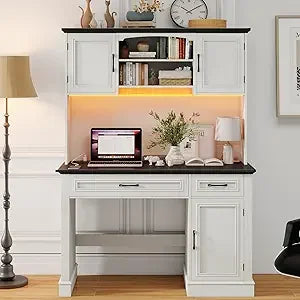 Farmhouse Executive Desk with Hutch LED Light Charging Station Storage