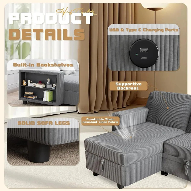 80 Inch Sleeper Sofa Couch with USB Charging Ports and Bookshelves