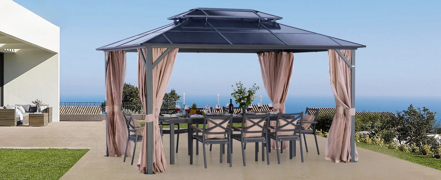 Ljustra 10X13FT Outdoor Gazebo Hardtop Canopy with Netting & Curtains