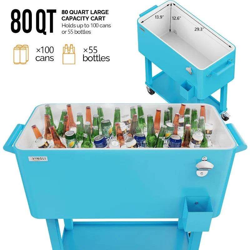 Ljustra 80 Quart Rolling Ice Chest Portable Cooler Cart with Shelf