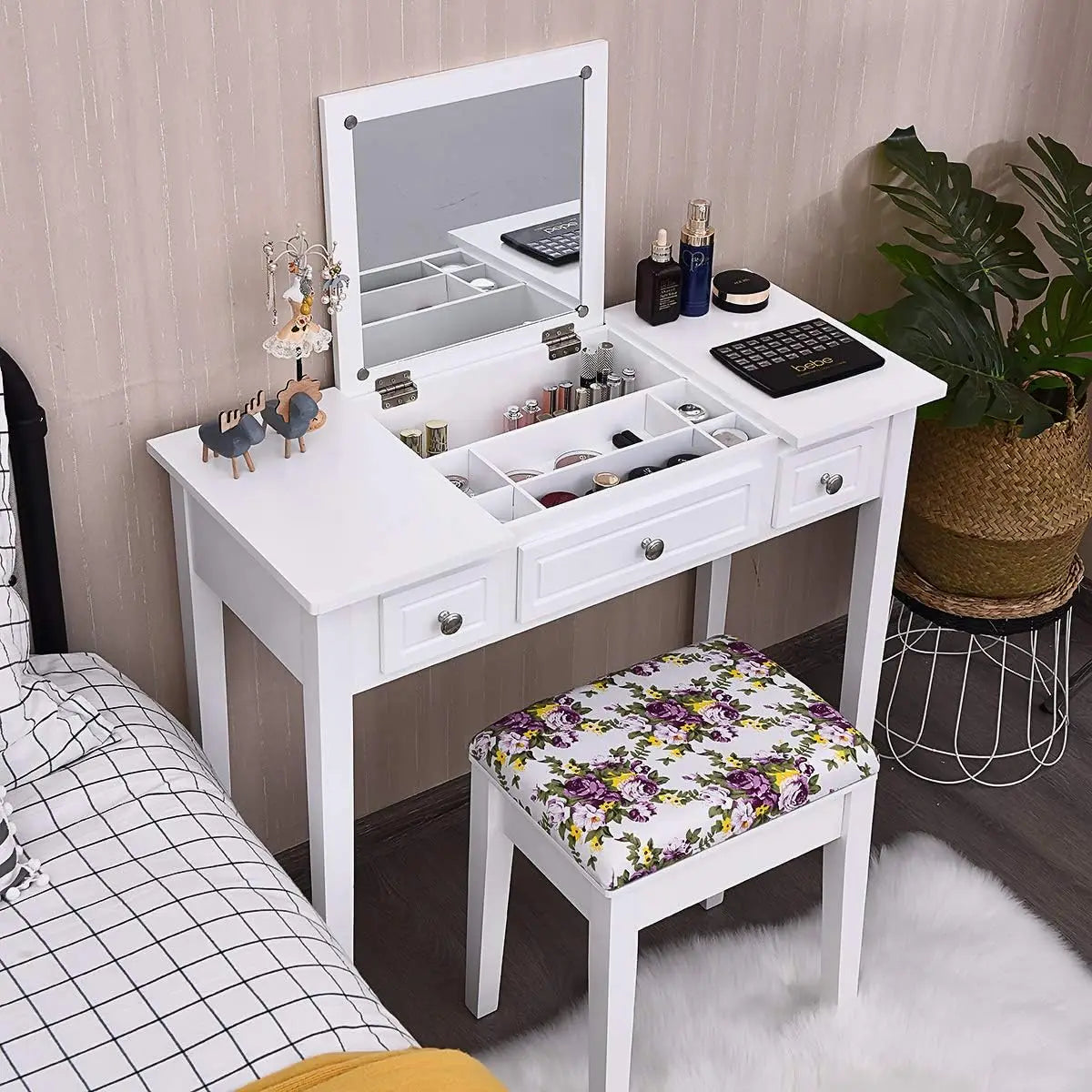 Makeup Vanity Desk with Flip Top Mirror and Cushioned Stool for Girls