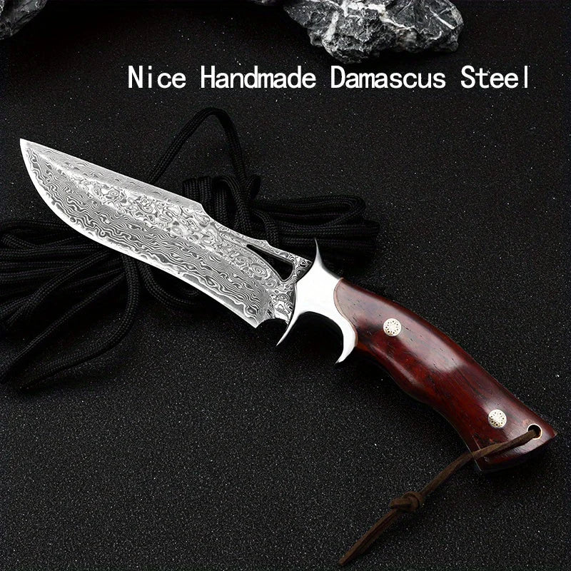 Ljustra PJ065 Damascus Knife Wooden Handle Leather Sheath Outdoor Kitchen