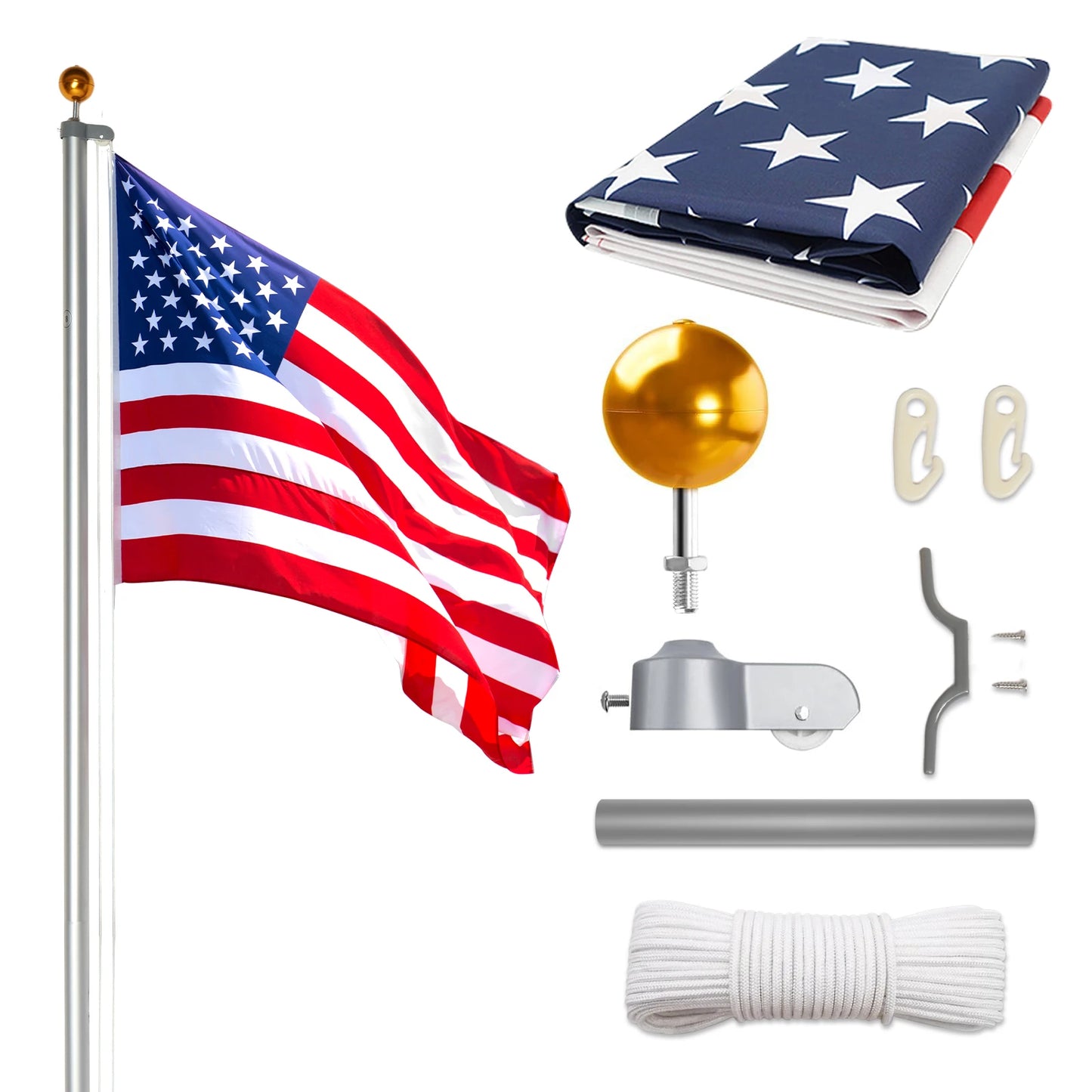 30FT Aluminum Flag Pole Kit with 5x3 US Flag for Outdoor Display