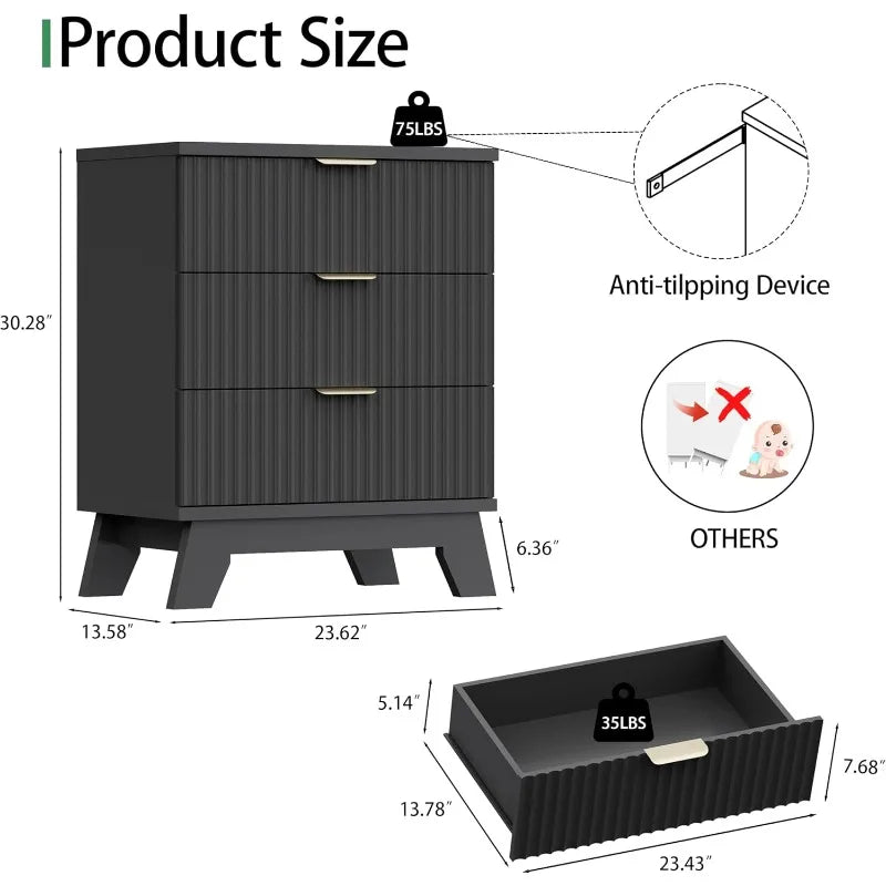 Fluted Nightstand 24 Inch Wide Side Table 3 Drawer Mid Century Modern Black