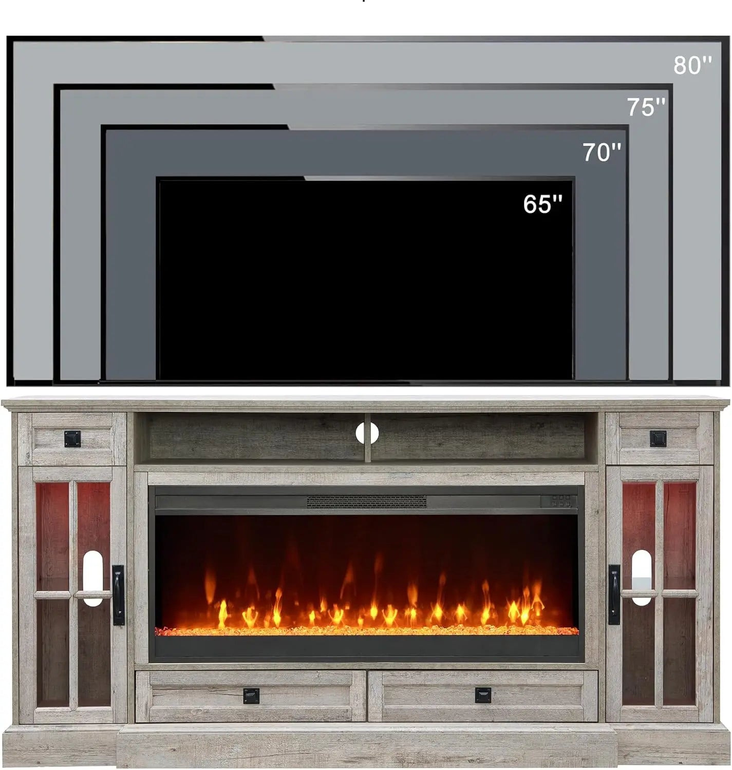 Fireplace TV Stand for 80 Inch TV Farmhouse Entertainment Center LED Lights