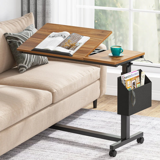 Tribesigns Height Adjustable C Shaped End Table with Wheels and Pocket