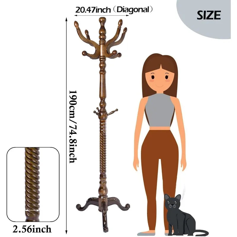 Free Standing Coat Rack with 11 Hooks Adjustable Height Natural Wood