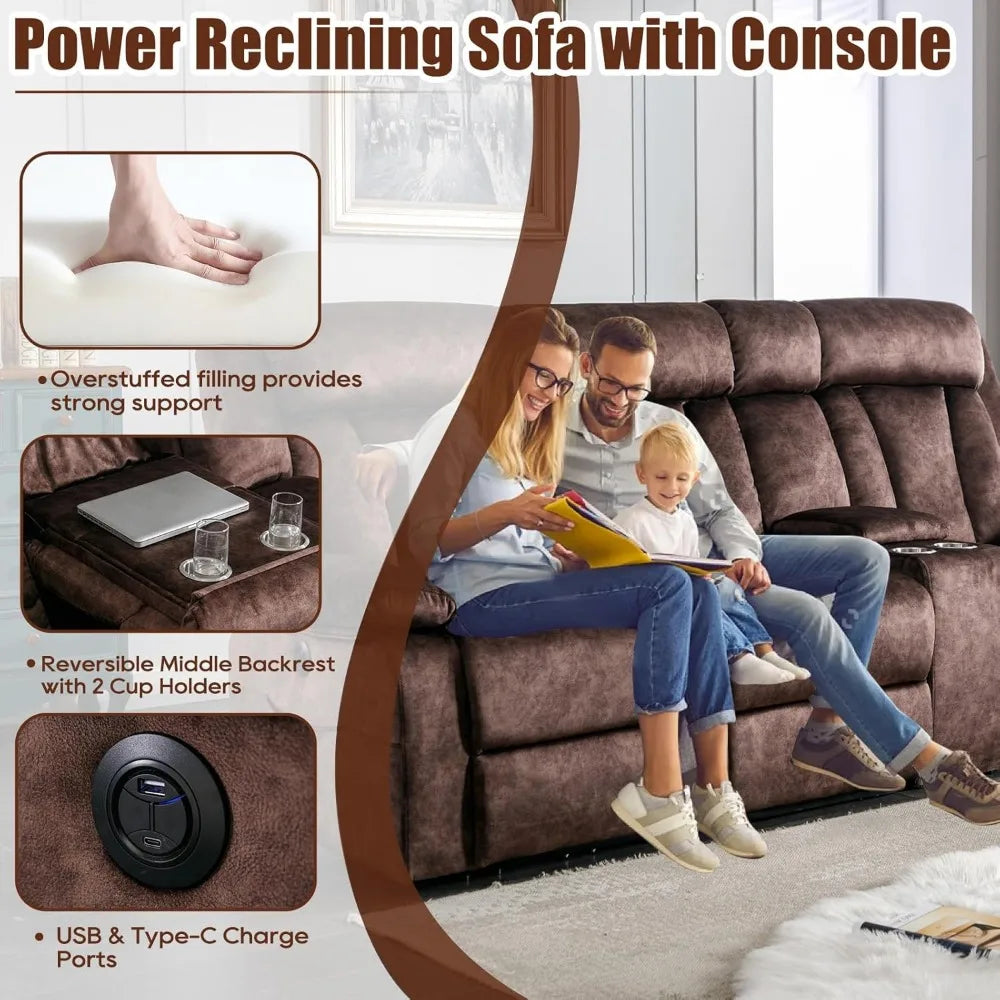 Ljustra 3 Seat Reclining Sofa with Massage Heat Cup Holders USB Ports