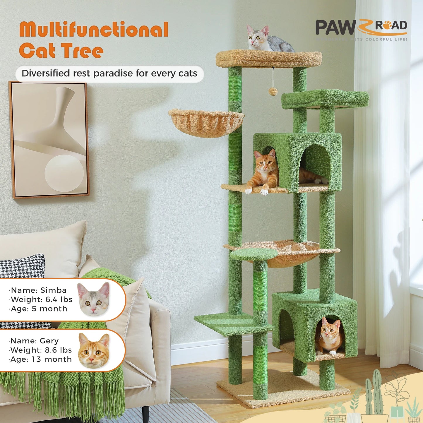 175cm Cat Tree for Large Cats with Hammock Condo Perch Scratching Posts