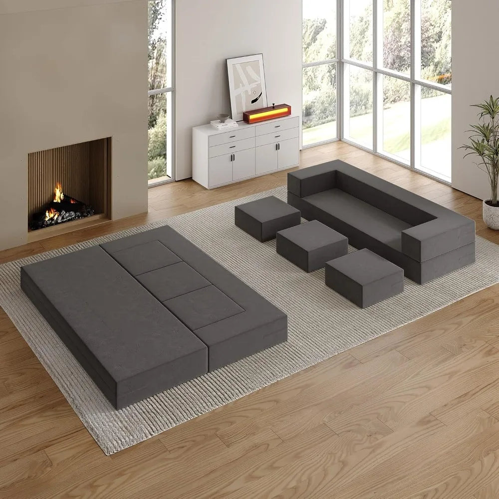 Modular Foam Floor Sofa Bed 80" Convertible Futon w/ 3 Ottomans & Washable Cover