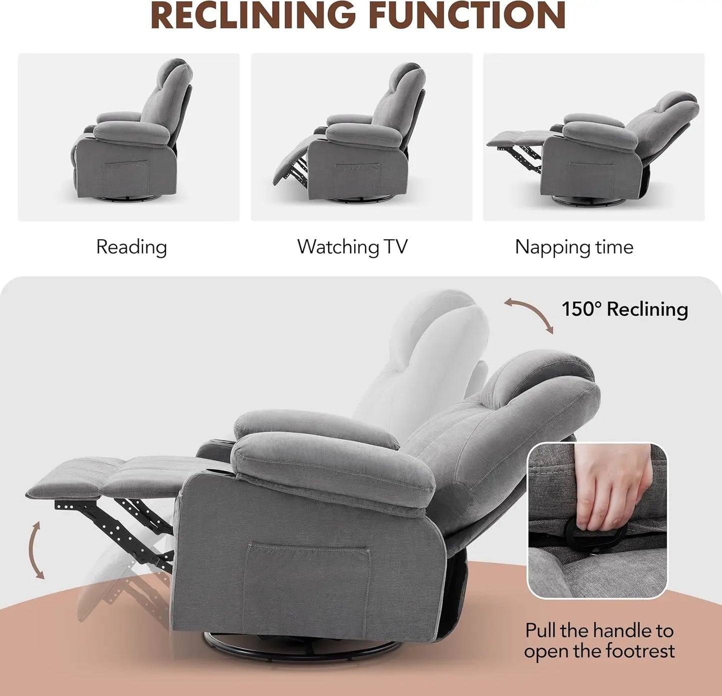 Swivel Rocker Recliner Chair with Heat Massage 360 Degree Swivel USB