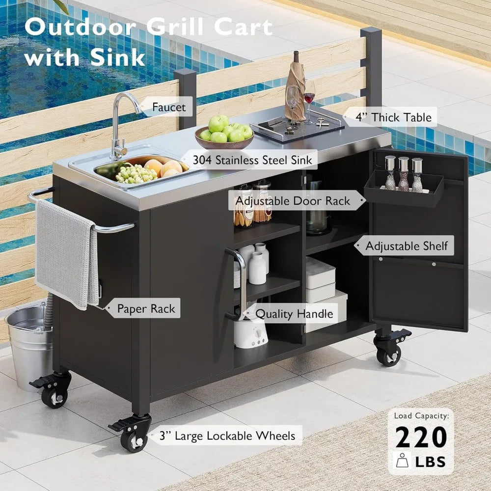 Kitchen Island Sink Metal Grill Cart 55 Inch Outdoor Bar Station
