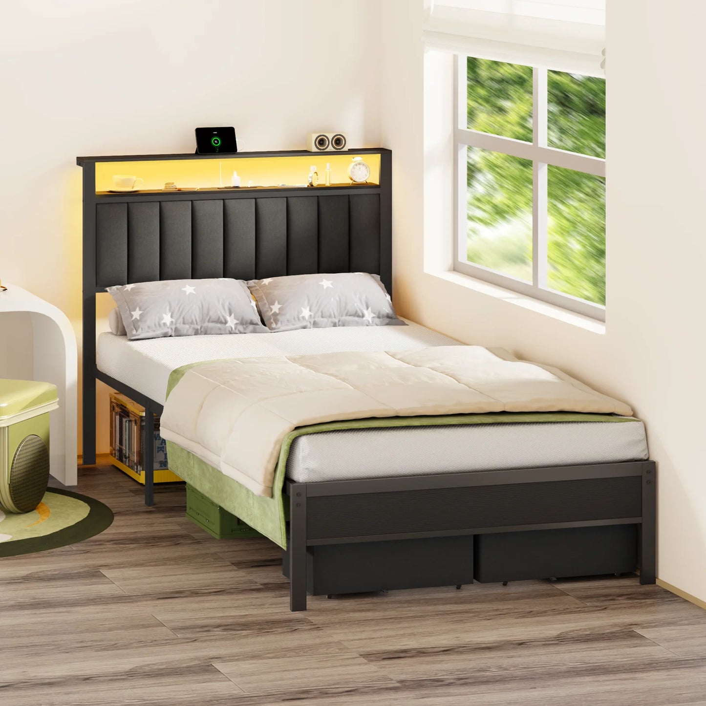 Ljustra Full Bed Frame with Charging Station LED Lights and Storage