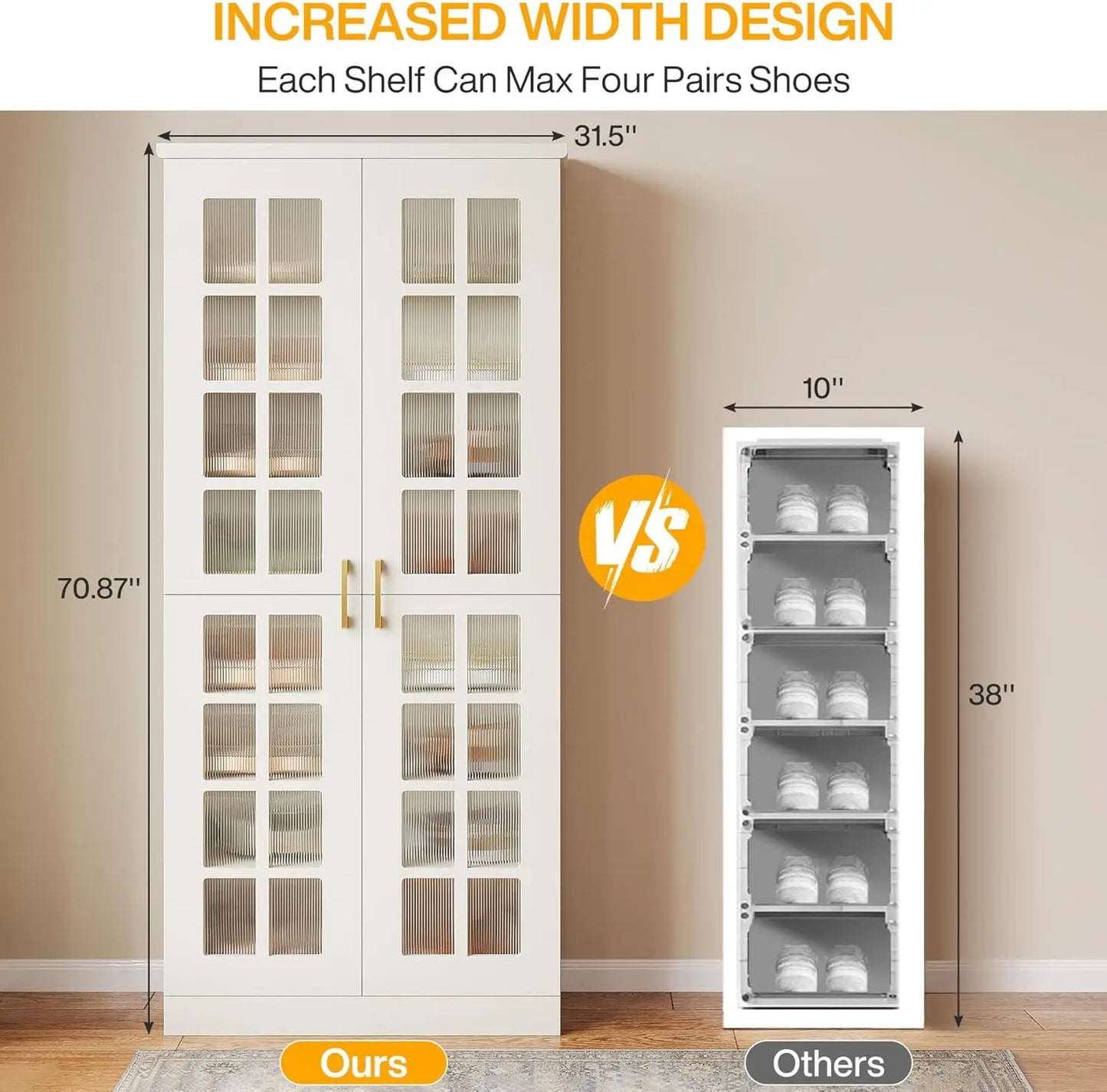 71 Inch Modern White Gold Shoe Cabinet 8 Tier Adjustable Storage Organizer