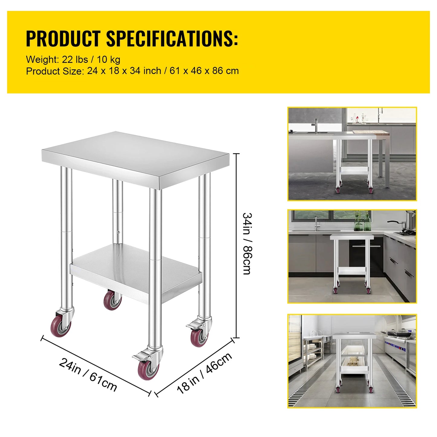 VEVOR Stainless Steel Kitchen Worktable with Caster Wheels for Storage