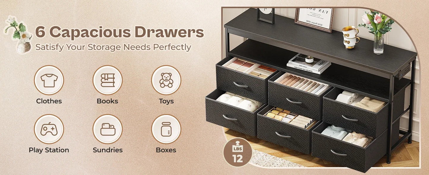 LED TV Stand 47 Inch Fabric Dresser with Power Outlets and 6 Drawers