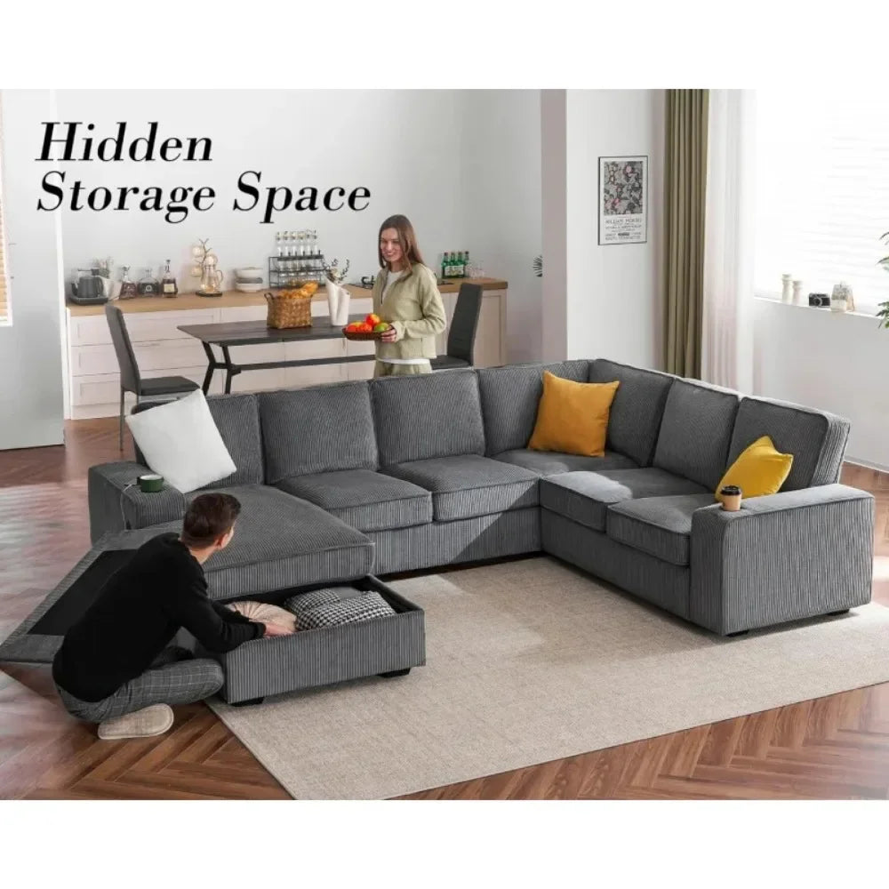 112 Inch U Shaped Sectional Sofa with USB Ports and Storage Chaise