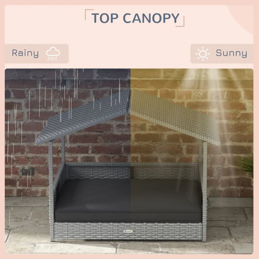 Ljustra Wicker Dog House Outdoor Canopy Rattan Bed Waterresistant Cushion