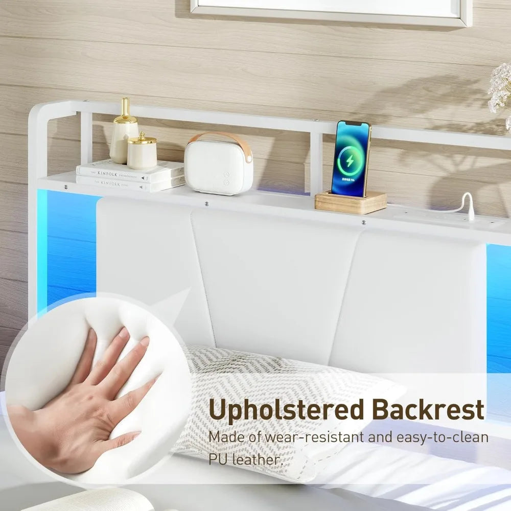 Twin Bed Frame Upholstered Headboard LED Charging Station Storage
