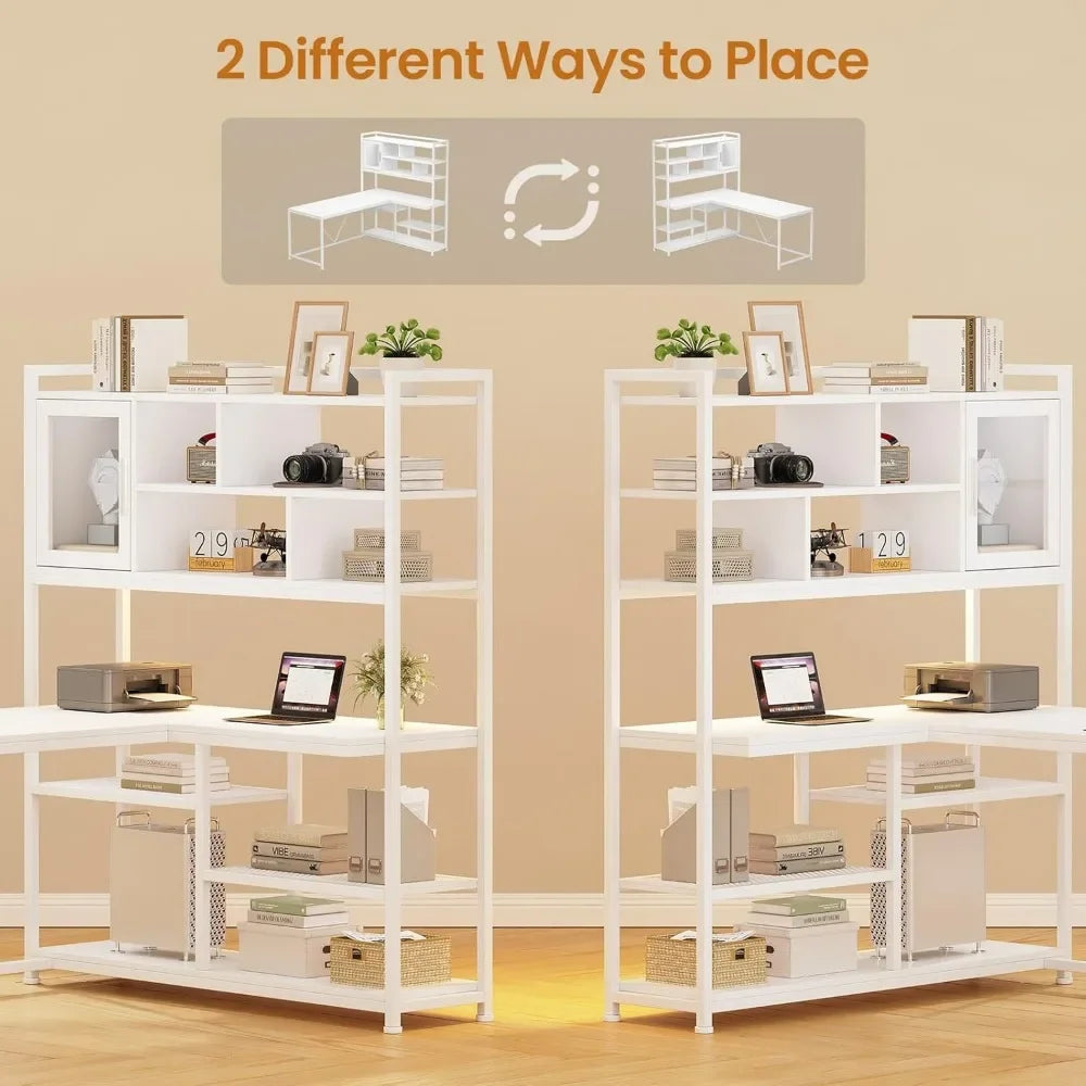 L Shaped Computer Desk with LED Light and Bookshelf for Home Office