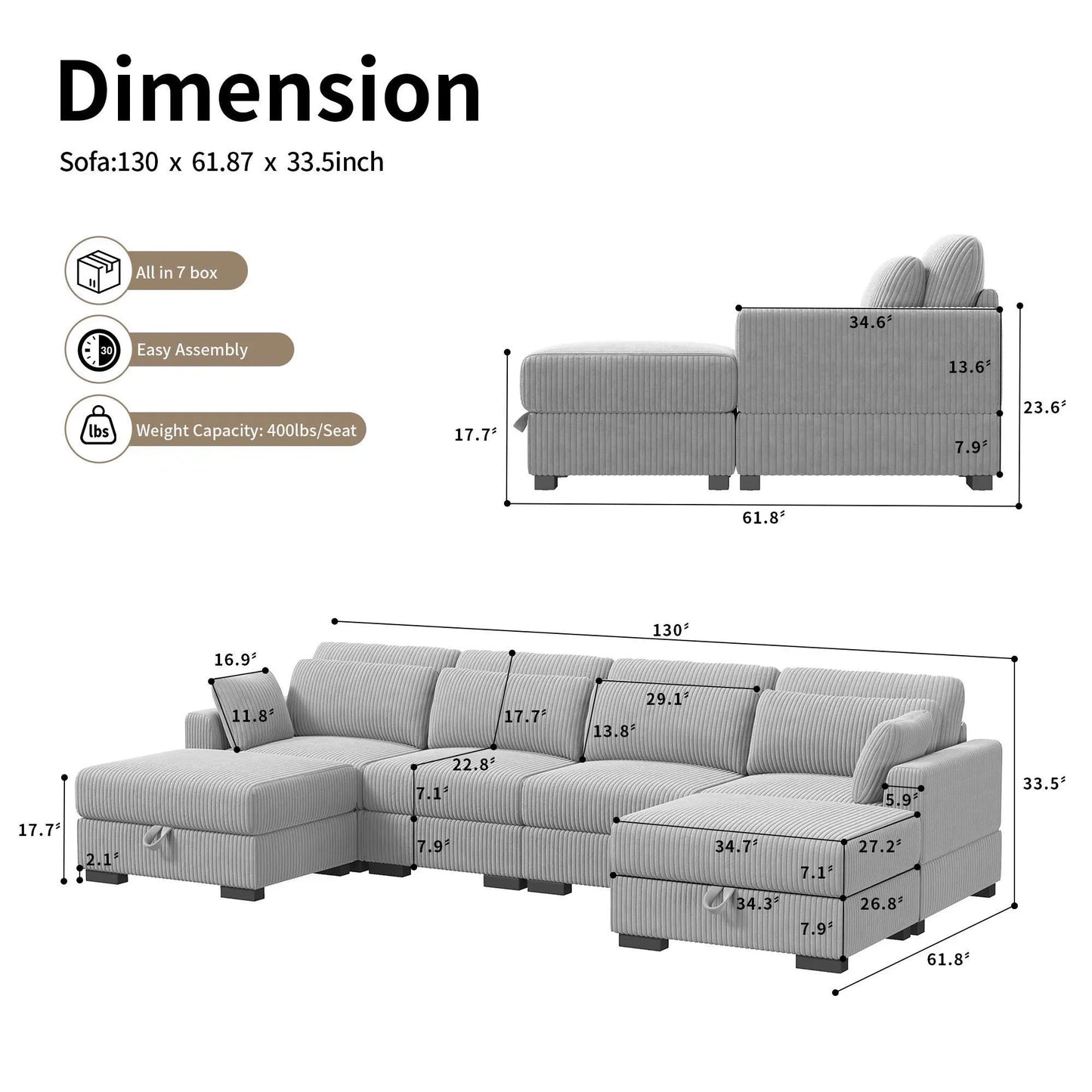 Corduroy Modular Sectional Sofa Modern Cloud Couch Living Room Furniture
