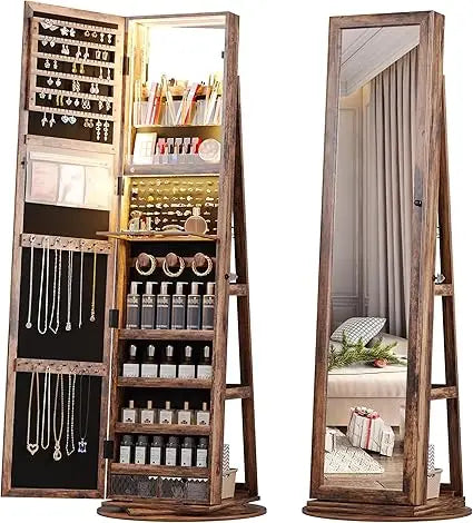 360 Degree Rotating Jewelry Cabinet with Adjustable Lighting and Mirror
