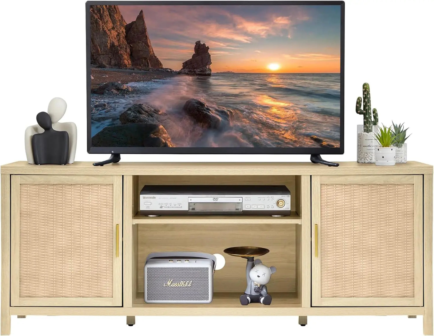 Mid Century Modern TV Stand Rattan Storage Cabinet for Living Room