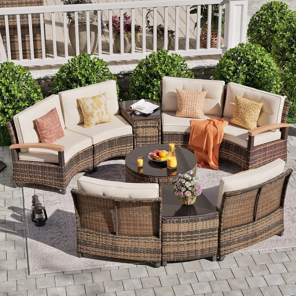 Ljustra 9 Piece Outdoor Patio Furniture Set Half-Moon Curved Sectional
