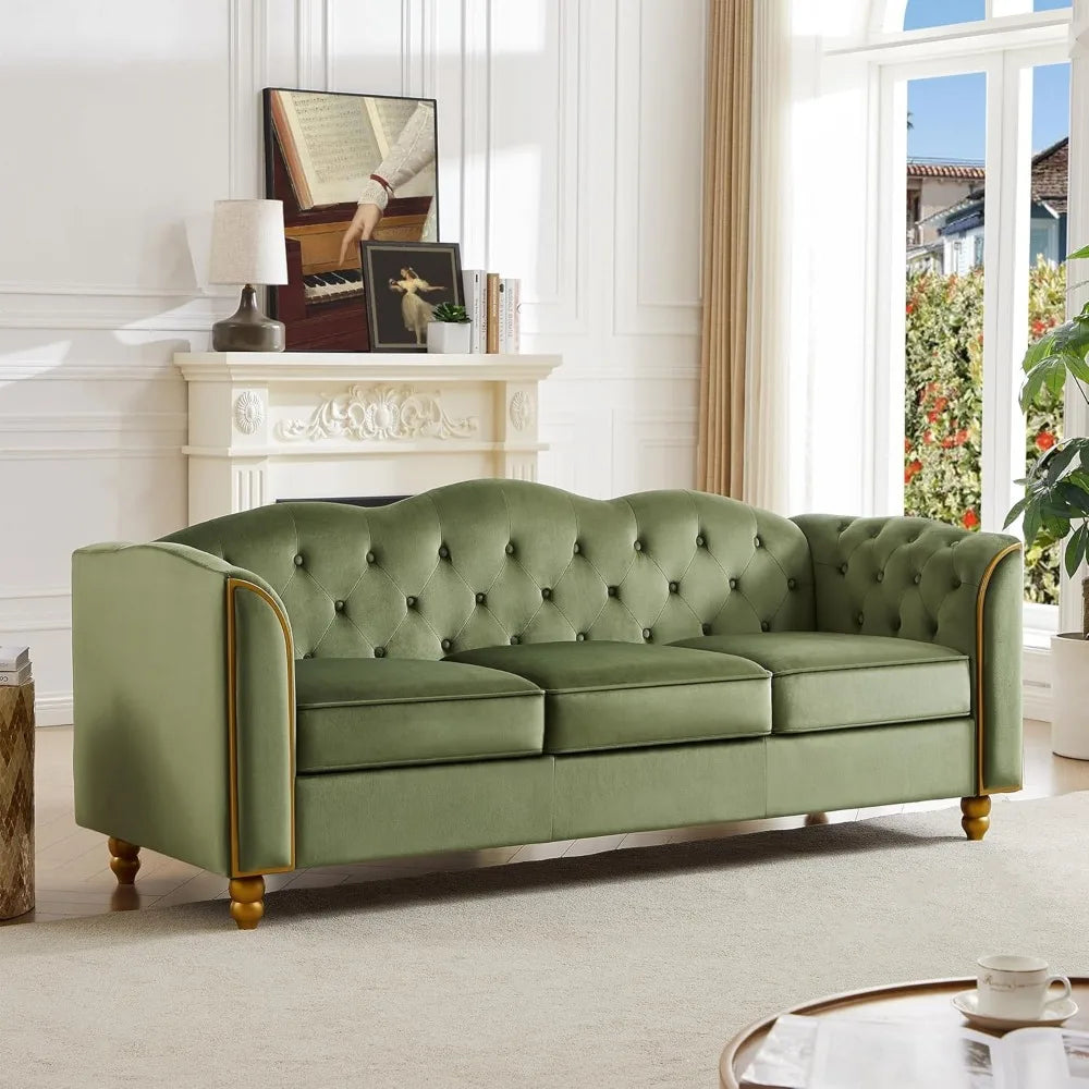 78" Green Velvet Tufted Sofa Couch, 3-Seater Comfy Curved Back for Living Room