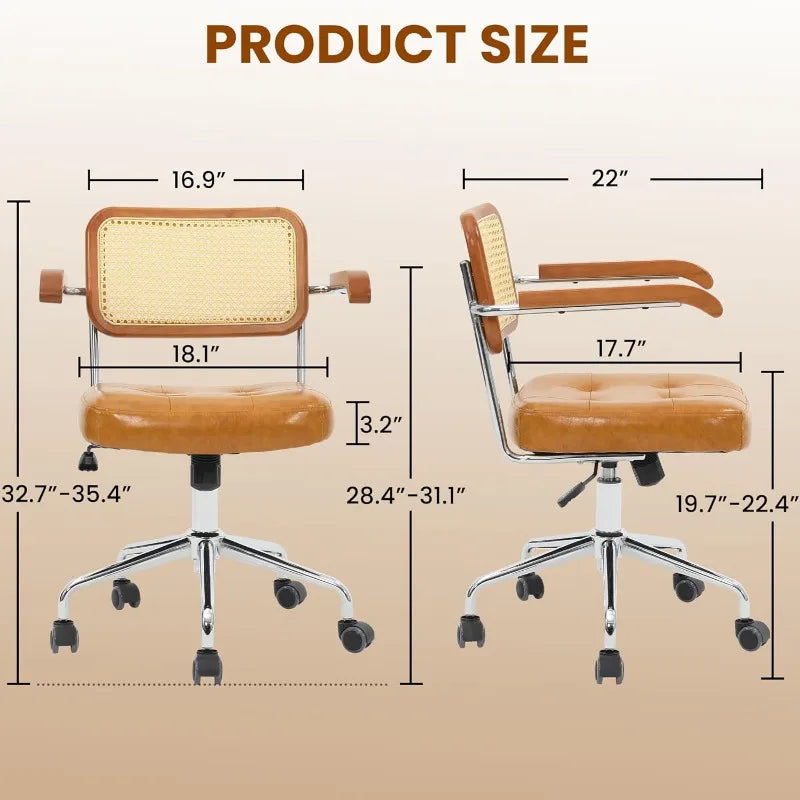 Mid Century Modern Rattan Back Desk Chair Adjustable Swivel Wheels