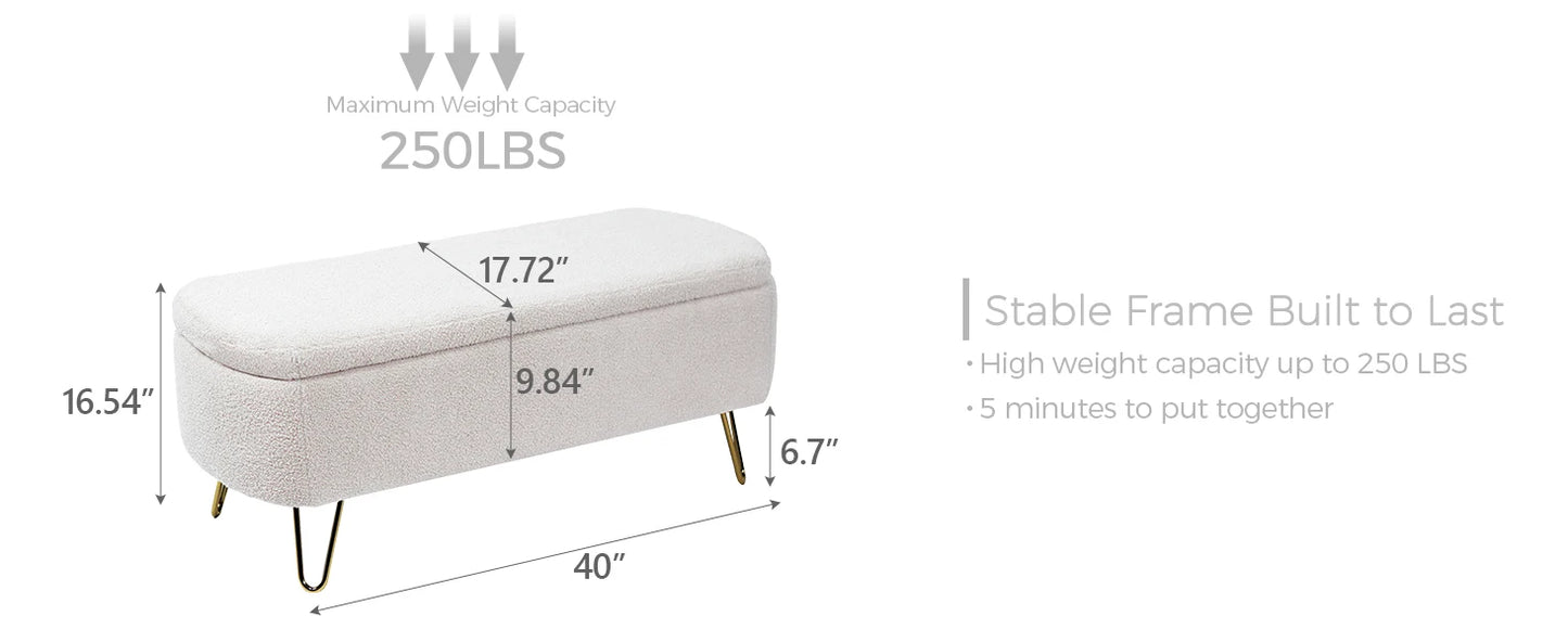 40 Inch Boucle Sherpa Ottoman Bench Storage Upholstered Gold Legs