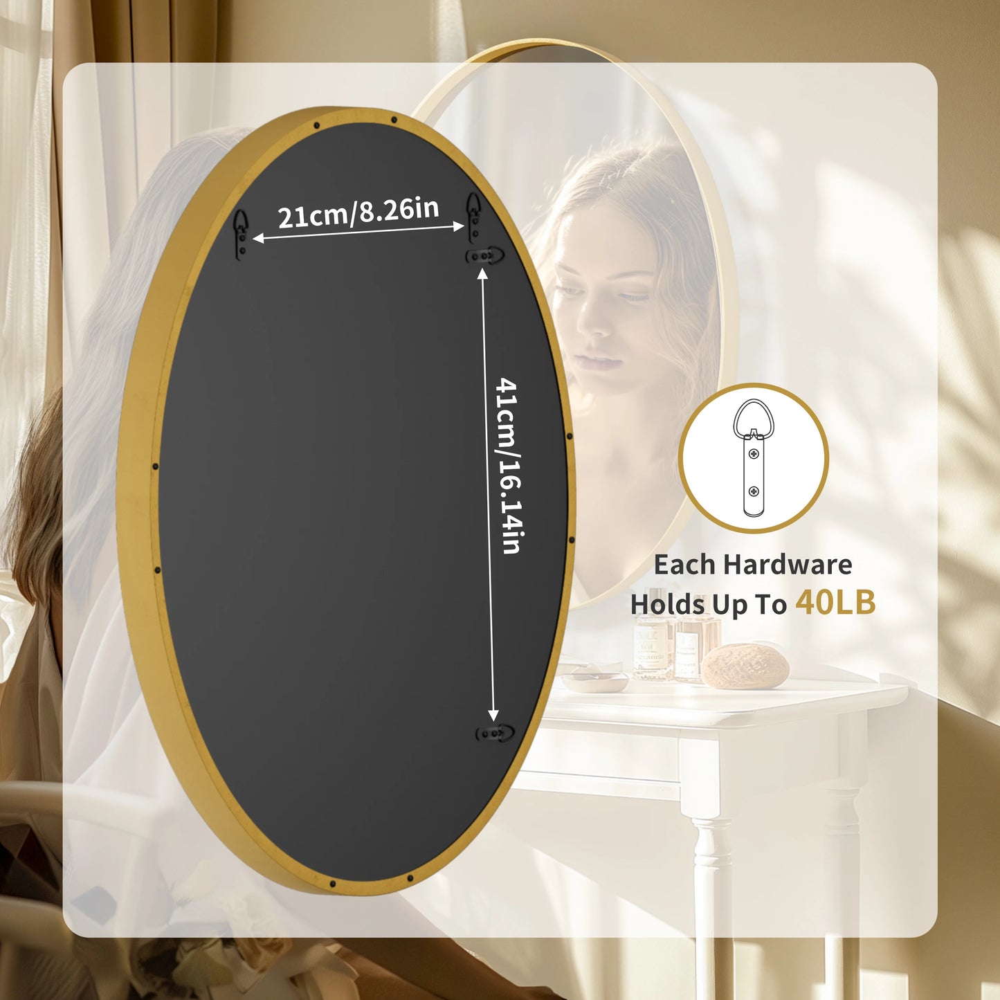 Oval Wall Mounted Mirror Brushed Gold Aluminum Accent Mirror Decor