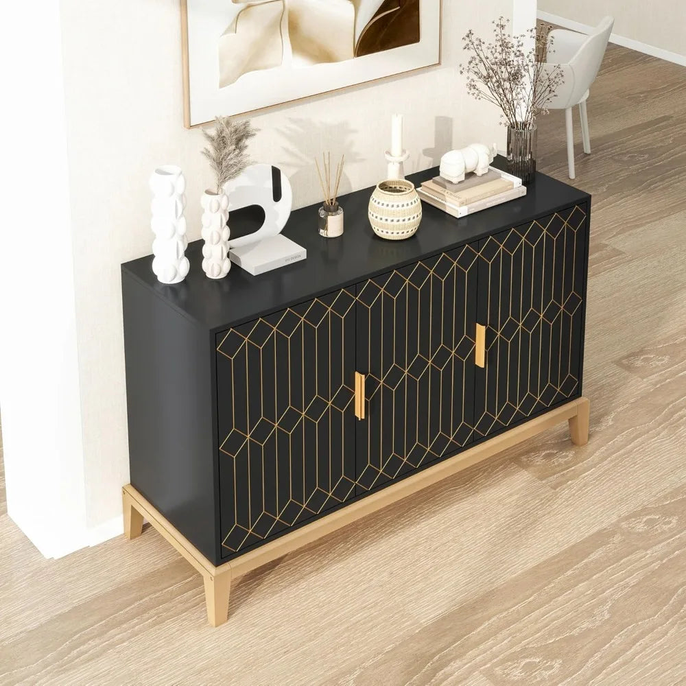Black 47 Inch 3 Door Carved Line Storage Cabinet Sideboard Buffet