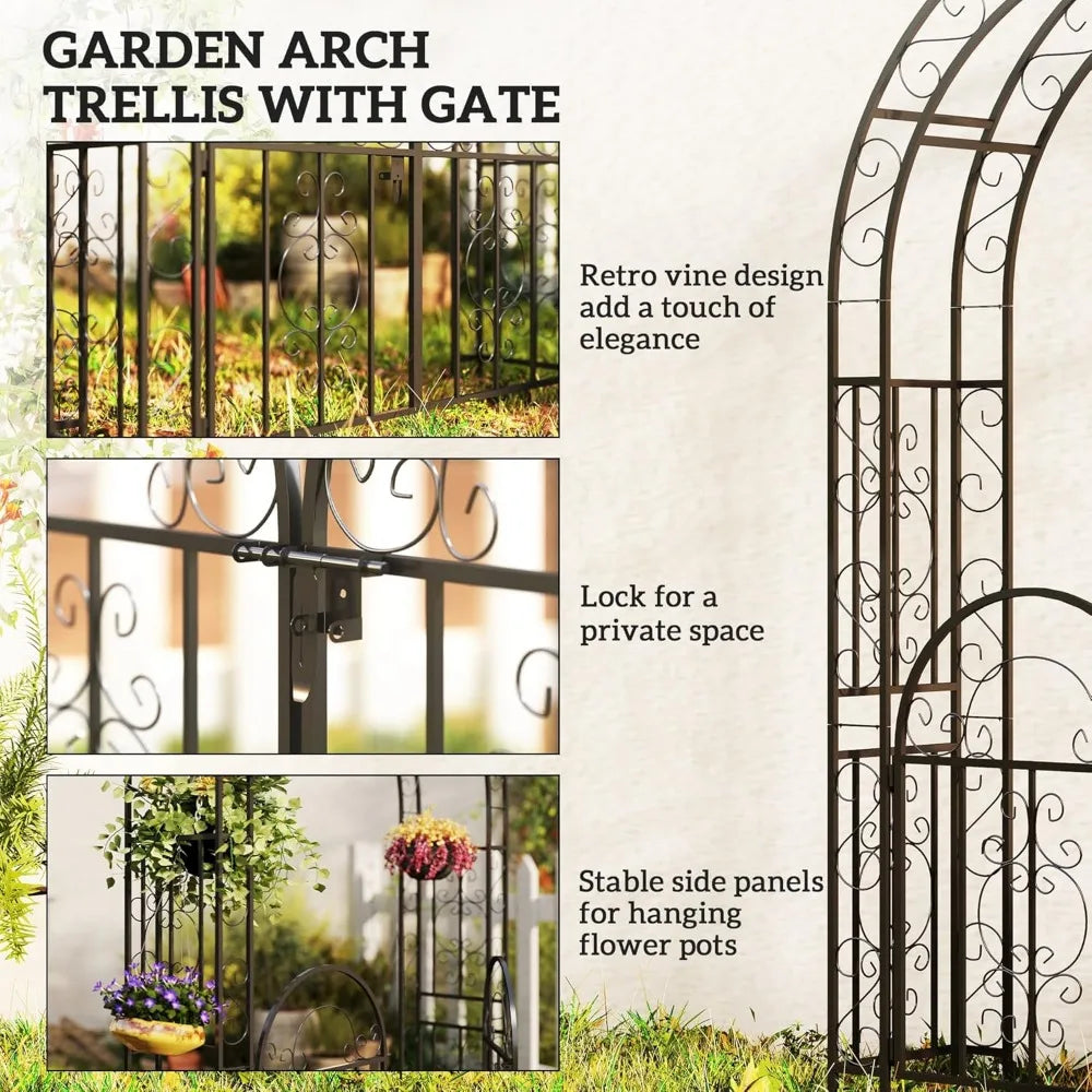7.4ft Steel Garden Arch with Gate Outdoor Trellis for Climbing Plants