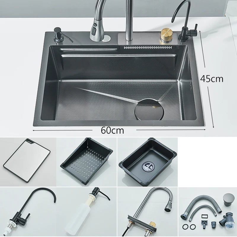 Ljustra Stainless Steel Waterfall Kitchen Sink Integrated Faucet Dispenser