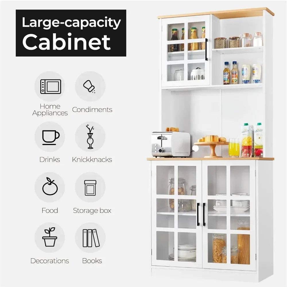 Kitchen Pantry Storage Cabinet 72'' Freestanding Buffet Cupboard Glass Doors