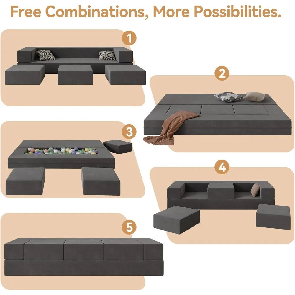 Modular Foam Floor Sofa Bed 80" Convertible Futon w/ 3 Ottomans & Washable Cover