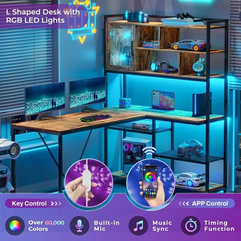 L Shaped Computer Desk with LED Light and Bookshelf for Home Office