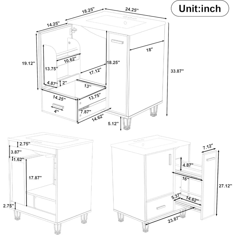 24 Inch Bathroom Vanity with Ceramic Sink Modern Storage Rack