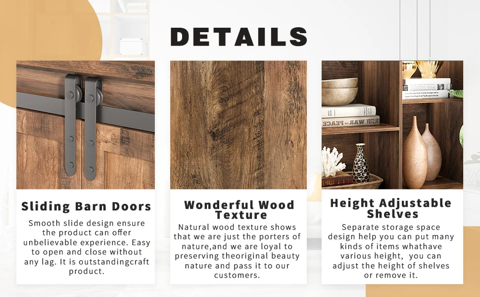 TV Stand for 65 Inch TVs with Sliding Barn Doors and Storage Cabinets