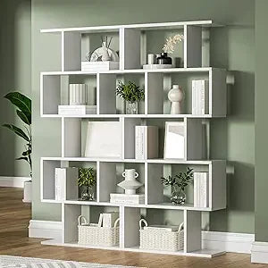 Oak 5-Tier Geometric Bookcase S-Shaped Display Shelf Set of 2