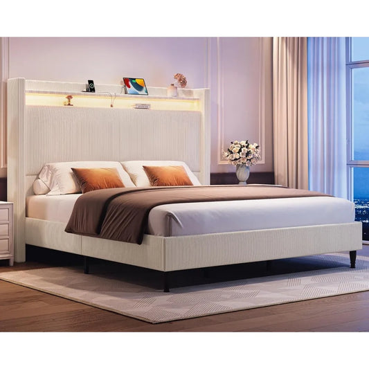 55.3 Inch Corduroy Upholstered Platform Bed Frame with LED USB Charging