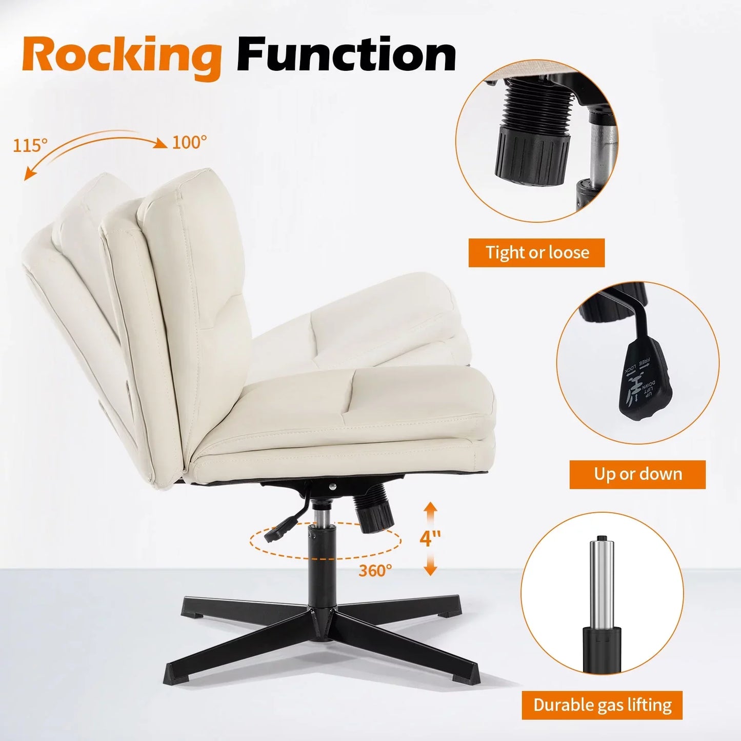 Ljustra PU Leather Armless Desk Chair Wide Padded Ergonomic Rocking Chair