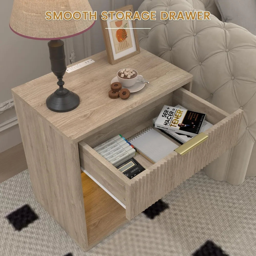 Fluted Nightstand with Charging Station 23" Wide Modern Bedside Table